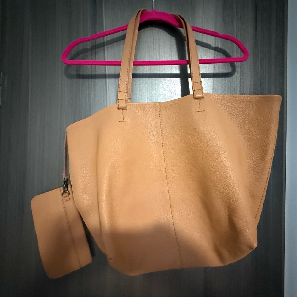Anthropologie Tan Leather Tote Bag with Small Pouch Inside
